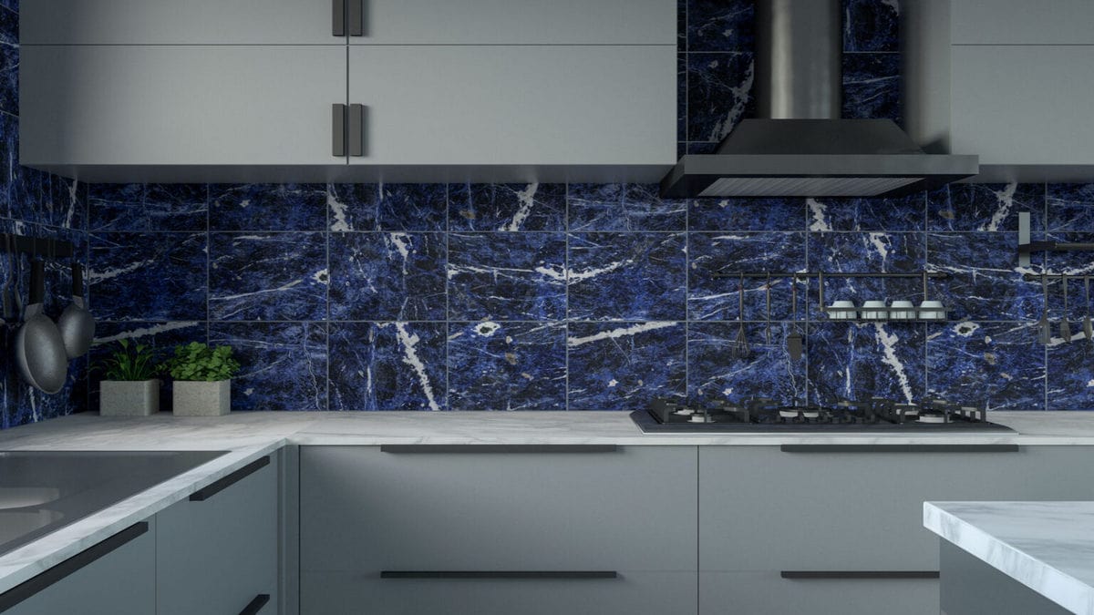 navy blue and white marble kitchen tiles